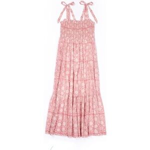 Ophelia & Indigo Mia Dress Smocked Floral Pink Maxi Dress with Bow Straps Sz XS